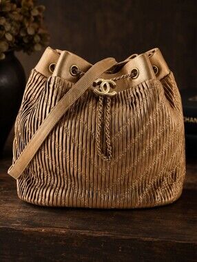 Chanel Coco Pleats Drawstring Chain Lambskin Leather Bucket Bag Purse